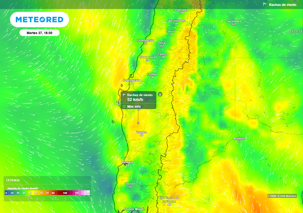 Rachas de viento (km/h) para la tarde del martes 27 de enero 2026 en Chile centro sur.