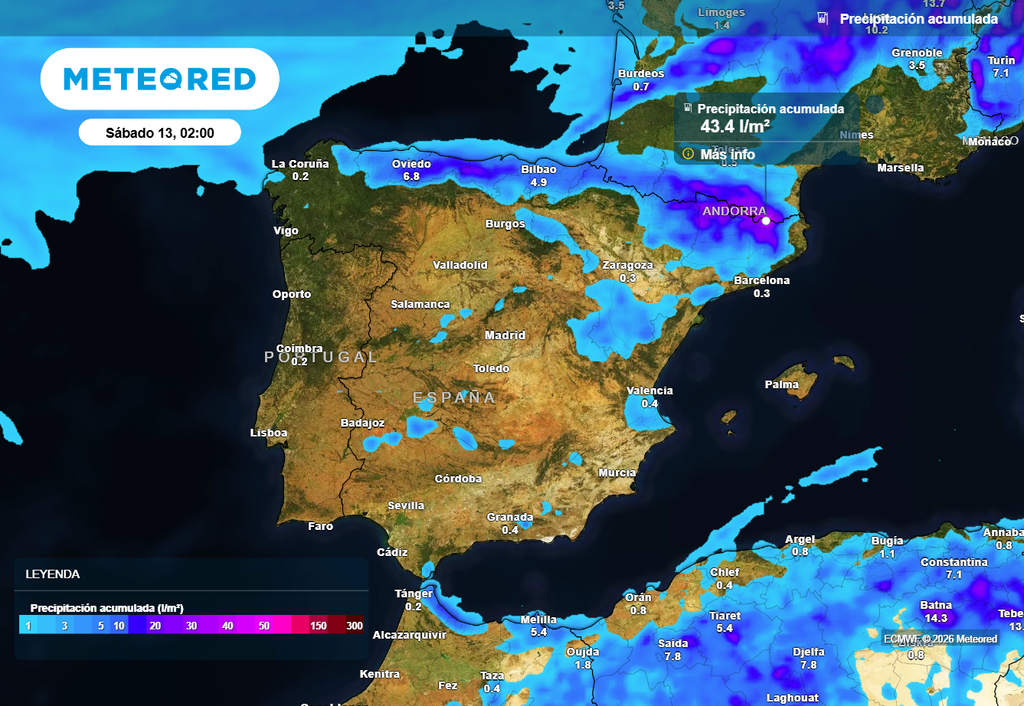 Se esperan lluvias y algunas tormentas en el norte y noreste de la España peninsular, que serán localmente intensas en el Pirineo y entorno de la Ibérica durante la próxima semana. También lloverá en Canarias.