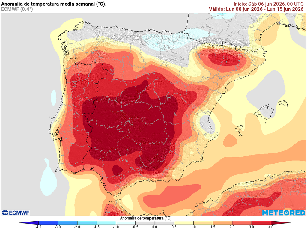 Será una semana de grandes contrastes térmicos entre el norte y el sur de la España peninsular. Anomalías térmicas previstas por el modelo europeo.