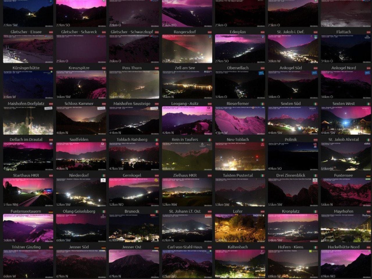 Miles de informes sobre auroras boreales en el viejo continente a causa de una severa tormenta geomagnética G5 que afecta los polos de la Tierra. Crédito: SkyAlert