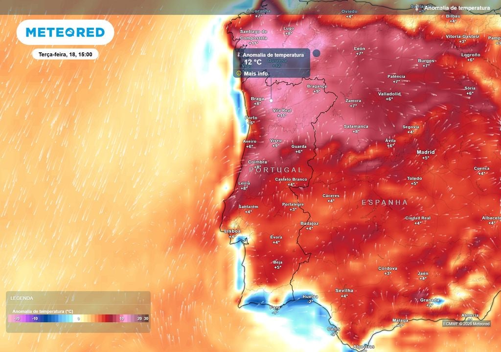 Anomalia da temperatura O Norte concentra as anomalias térmicas mais elevadas, com desvios localmente próximos de +12 ºC. Em contraste, Algarve, sudoeste alentejano e alguns setores do litoral de Setúbal ficam ligeiramente abaixo da média.