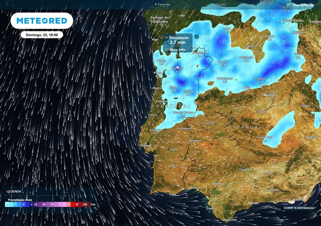 Chuva (mm) A descida das temperaturas poderá ser acompanhada por precipitação mais organizada no domingo, sobretudo no Norte e em alguns setores do Centro.