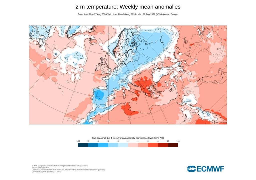Anomalia semanal da temperatura O sinal sub-sazonal do ECMWF mantém uma última semana de agosto mais fresca do que o habitual, principalmente no Nordeste. No litoral oeste, o sinal é menos robusto.