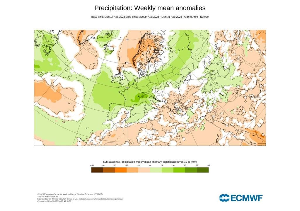 Anomalia média semanal da precipitação Grande parte do território apresenta sinal de precipitação acima da média, mais expressivo no Norte e Centro. A tendência aponta, por agora, para um final de agosto mais húmido do que o normal.