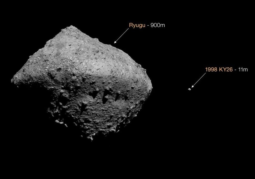 Künstlerischer Größenvergleich zwischen dem bisherigen Zielasteroiden der japanischen Weltraummission Hayabusa2, 162173 Ryugu, und 1998 KY26. Künstlerischer Größenvergleich zwischen dem bisherigen Zielasteroiden der japanischen Weltraummission Hayabusa2, 162173 Ryugu, und 1998 KY26.