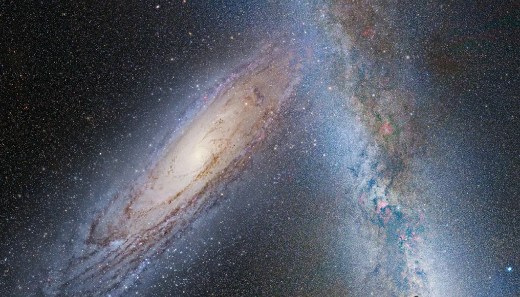 Andromeda Questa illustrazione mostra una fase della prevista fusione tra la nostra galassia, la Via Lattea, e la vicina galassia di Andromeda, così come si svolgerà nei prossimi miliardi di anni. In questa immagine, che rappresenta il cielo notturno terrestre tra 3,75 miliardi di anni, Andromeda (a sinistra) riempie il campo visivo e inizia a distorcere la Via Lattea con l'attrazione mareale. NASA; ESA; Z. Levay e R. van der Marel, STScI; T. Hallas; e A. Mellinger