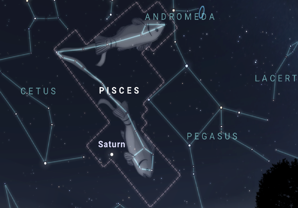 La costellazione dei Pesci è ancora visibile subito dopo il tramonto in direzione Ovest tra le costellazioni del Pegaso e del Cetus. Nei prossimi giorni verrà nascosta dal bagliore del Sole. Credit: Stellarium