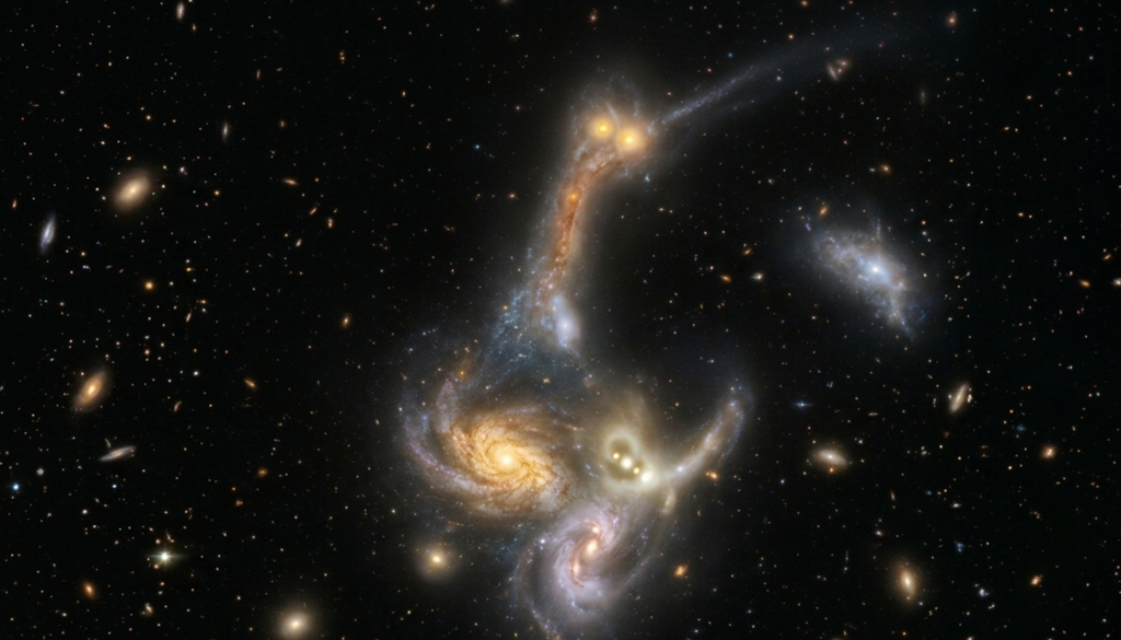Astrônomos observaram seis galáxias jovens em processo de fusão apenas 1,2 bilhão de anos após o Big Bang. Juntas, elas deverão formar uma única galáxia muito mais massiva.