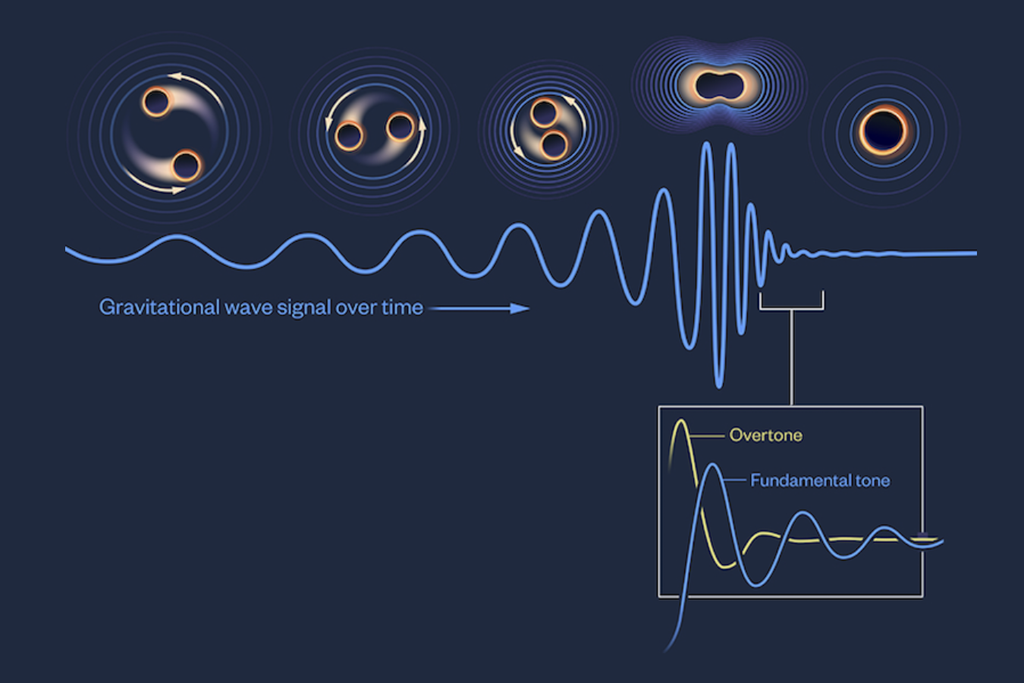 O sinal de uma onda gravitacional consegue dar informações importantes sobre o antes, durante e depois de uma fusão de buracos negros. Crédito: Simons Foundation