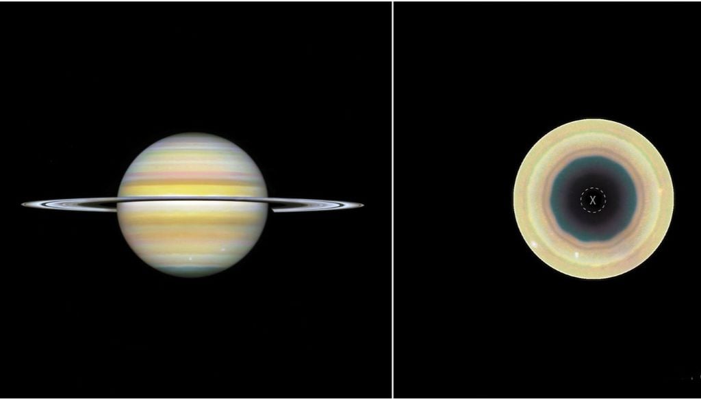 Hubble revela un decágono atmosférico en el polo sur de Saturno, extendido por capas. Crédito: NASA/ESA/STScI; Sánchez-Lavega, Simon, Wong; Pagan.