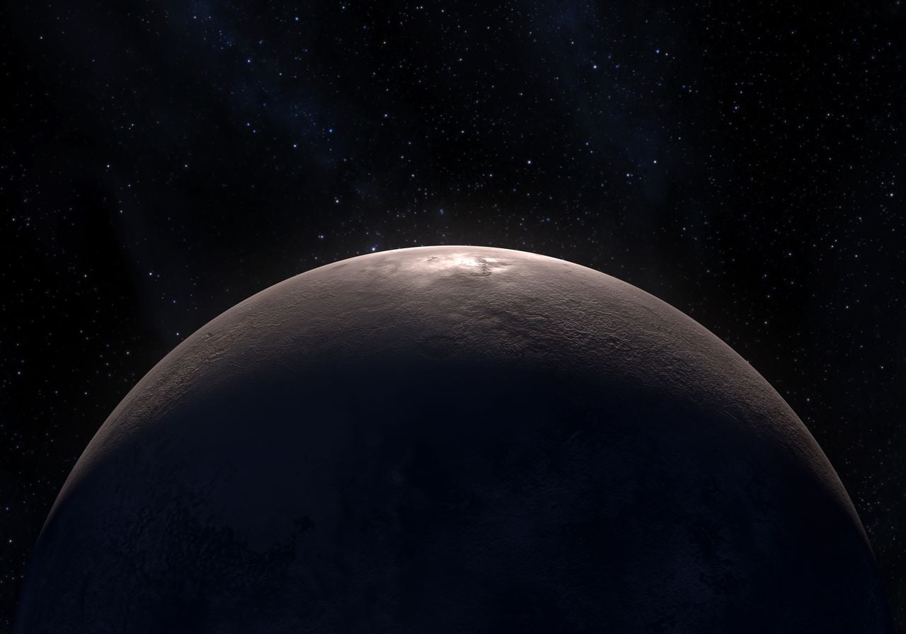 Concepción artística del planeta enano Makemake, uno de los habitantes del cinturón de Kuiper en la orilla del sistema solar.