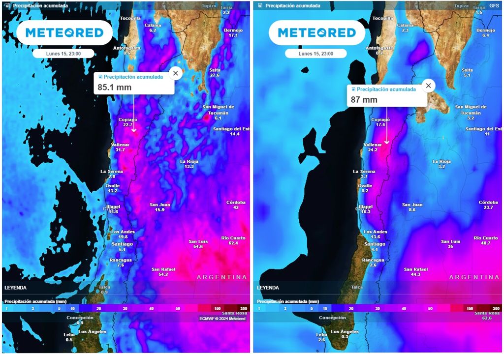 comparación de precipitaciones acumuladas según modelos ECMWF y GFS comparación de precipitaciones acumuladas según modelos ECMWF y GFS
