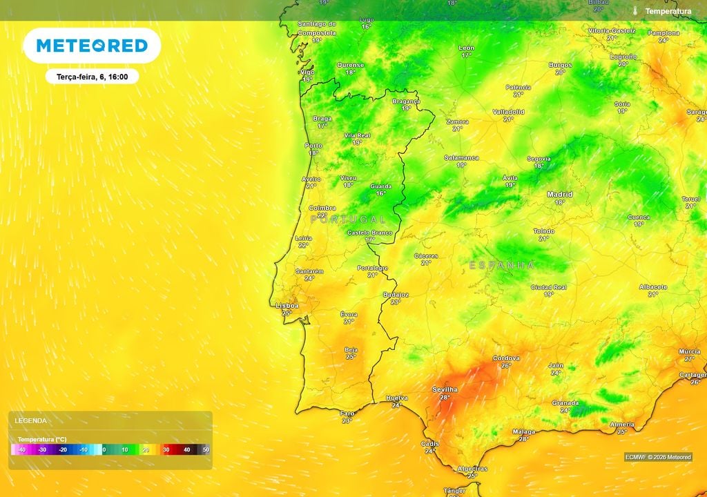 temperatura do ar à superfície Ao longo do dia de hoje a região Norte registará valores máximos de temperatura muito inferiores ao de ontem. Na cidade de Braga a diferença poderá ser de até 10 ºC, comparando o mesmo período do dia.