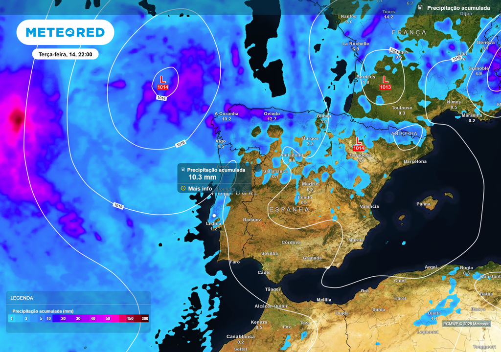 precipitação acumulada A junção de uma gota fria com uma depressão atlântica irá contribuir para um aumento da instabilidade atmosférica em Portugal Continental. A chuva deverá regressar à faixa litoral já no próximo domingo, dia 12.