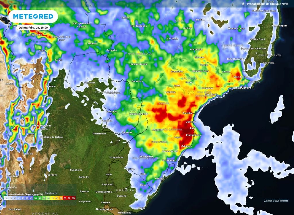 Probabilidade de precipitação sobre o centro-sul na tarde de quinta-feira (29).