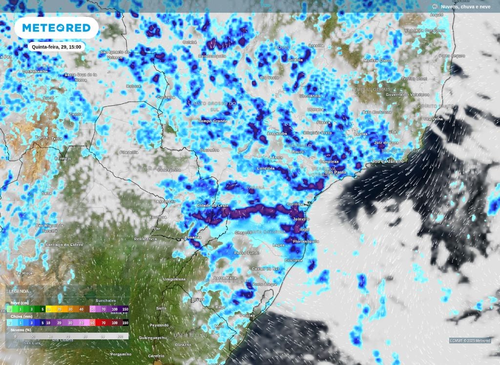Precipitação e nebulosidade prevista para a tarde desta quinta-feira (29) sobre o centro-sul do Brasil.
