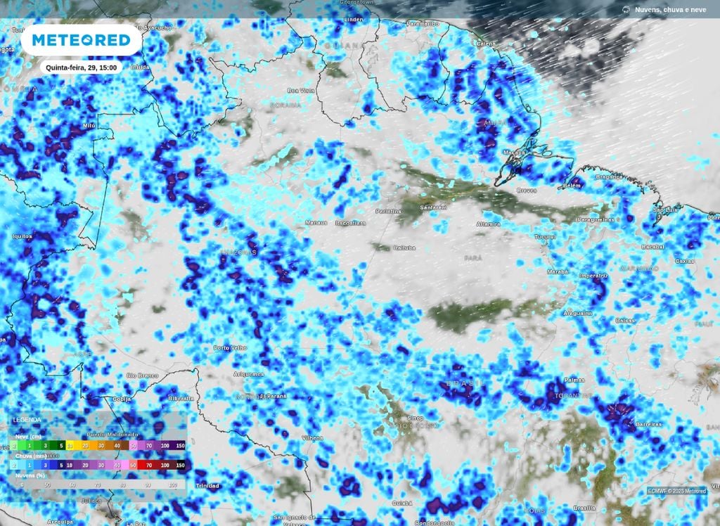 Precipitação e nebulosidade prevista para a tarde desta quinta-feira (29) sobre o centro-norte do Brasil.