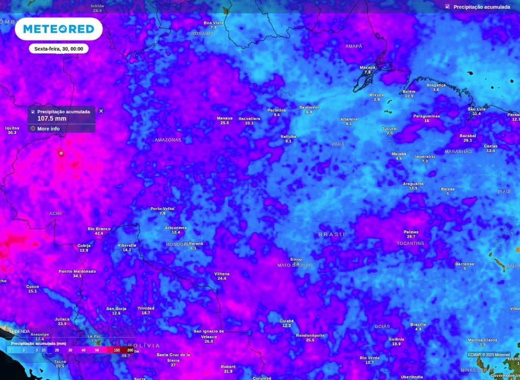 Chuva acumulada até o final da noite de quinta-feira (29) no centro-norte do Brasil..