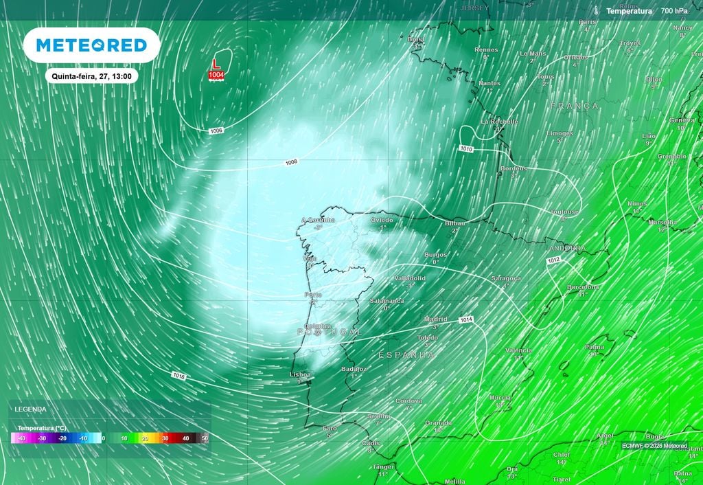 Fase de maior influência da passagem de ar polar marítimo pela geografia de Portugal continental ocorrerá entre hoje (26) e amanhã (27).