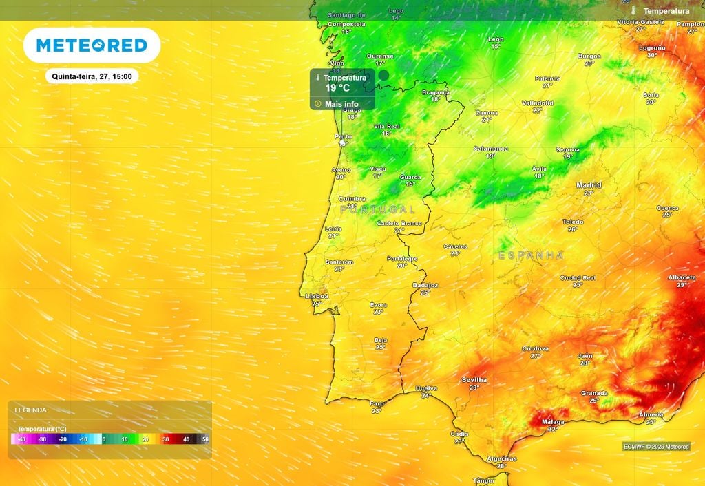 Nesta mapa observam-se os valores de temperatura previstos para quinta-feira (27) de agosto às 15:00.