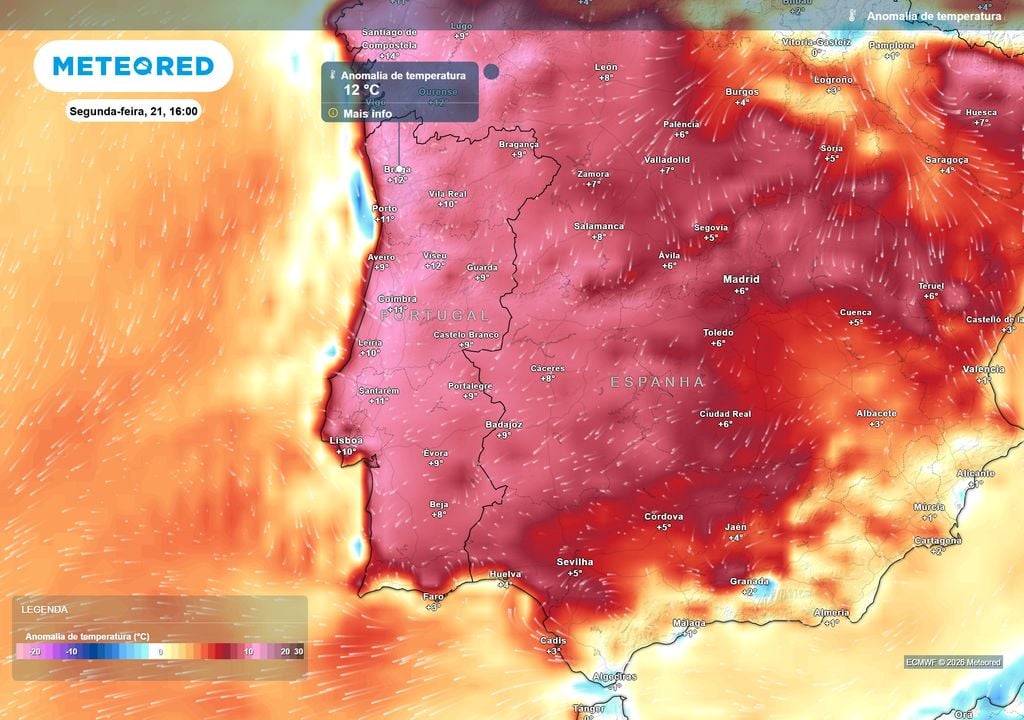 anomalia térmica Entre domingo (20) e segunda-feira (21) as temperaturas máximas vão subir de forma acentuada. Com isto, as anomalias térmicas poderão atingir até 12 ºC acima da média.