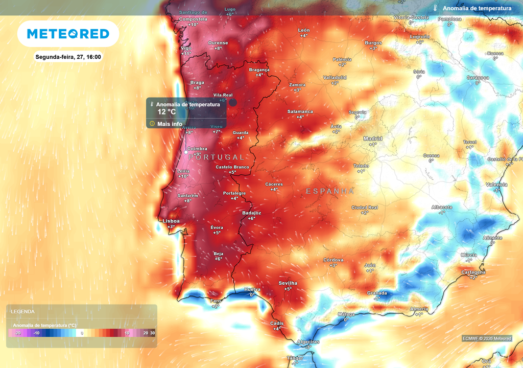 Segunda-feira, dia 27 de julho, as anomalias térmicas positivas deverão cobrir Portugal Continental, com valores até 12 ºC acima da média, especialmente ao longo da faixa litoral.