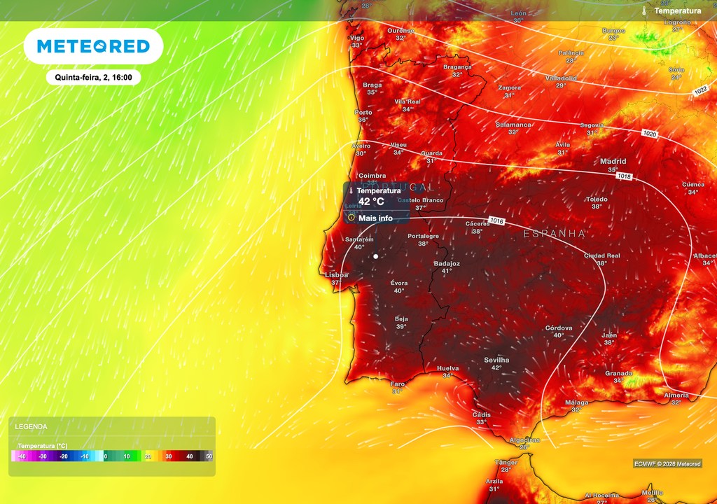 Na quinta-feira, 2 de julho, o calor deverá abranger praticamente todo o território, com temperaturas superiores a 40 ºC no interior e de cerca de 36 ºC no Porto, 38 ºC em Leiria e 37 ºC em Lisboa.