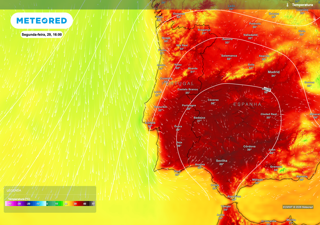 A semana deverá começar já com temperaturas muito elevadas em grande parte do país. Na tarde de segunda-feira, 29 de junho, os termómetros poderão ultrapassar os 35 ºC em várias regiões do interior, antecipando um agravamento do calor nos dias seguintes.