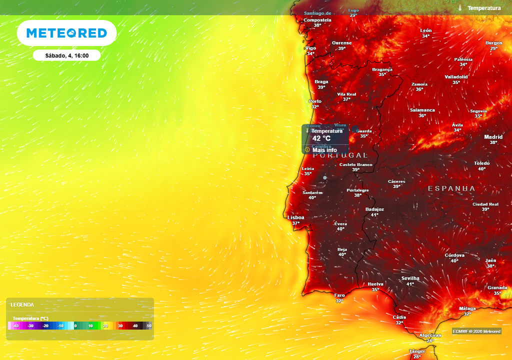 Em várias capitais distritais do Centro-Sul a temperatura máxima atingirá os 40 ºC, mas até mesmo no Norte, a cidade de Braga alcançará um valor muito próximo (39 ºC).