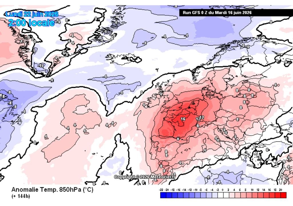 anomalia térmica GFS O modelo americano, GFS, aponta para anomalias térmicas positivas bastante pronunciadas em praticamente toda a Europa.