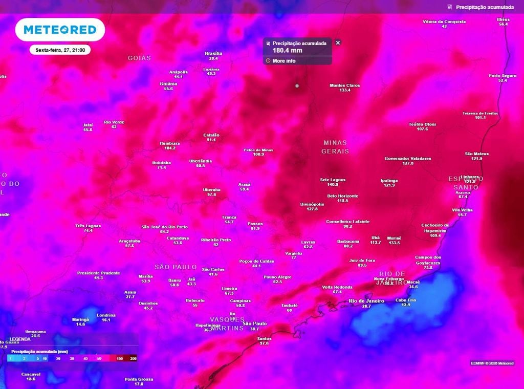 Previsão de precipitação acumulada (em mm) até a noite (21h) de sexta-feira (27), segundo o modelo europeu ECMWF.