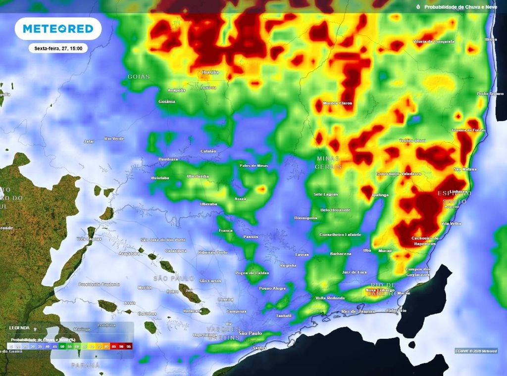 Previsão da probabilidade de precipitação (%) para a sexta-feira (27) à tarde (15h), segundo o modelo europeu ECMWF.