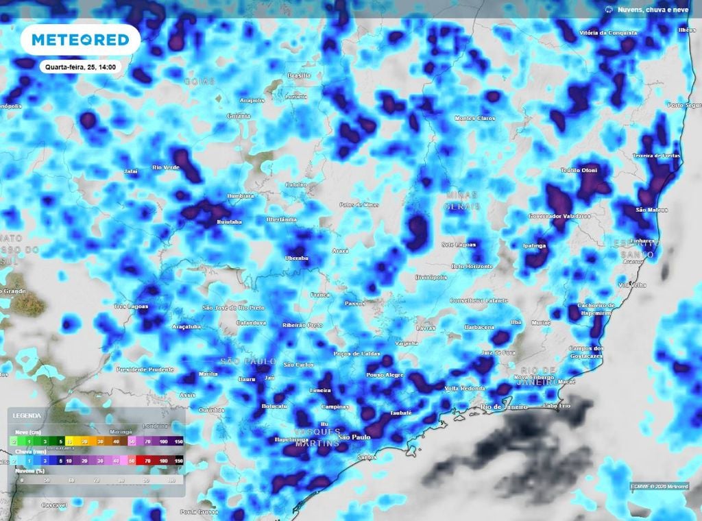 Previsão de precipitação (em mm) para a quarta-feira (25) à tarde (14h), segundo o modelo europeu ECMWF.