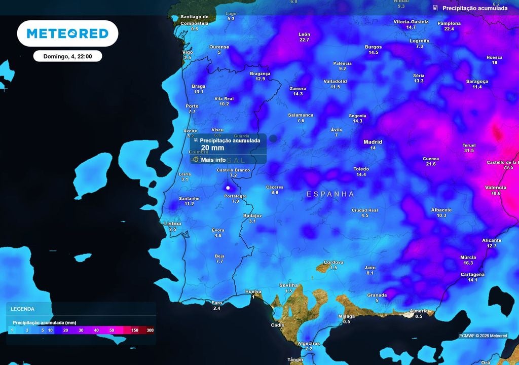 precipitação acumulada Até às últimas horas de domingo, é expectável que os valores de precipitação acumulada alcancem cerca de 20 mm no distrito de Portalegre.