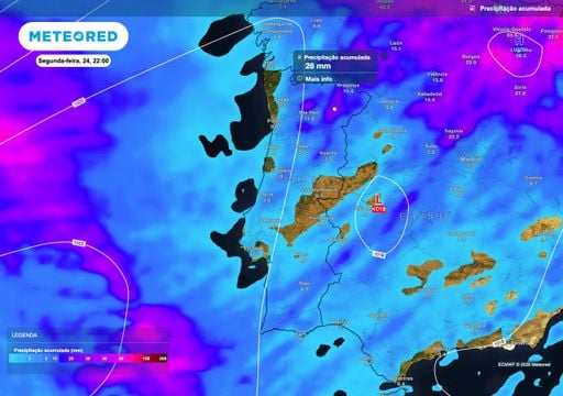 At&eacute; 25 mm: eis a distribui��&atilde;o de chuva acumulada prevista pelos mapas da Meteored Portugal entre 20 e 24 de agosto