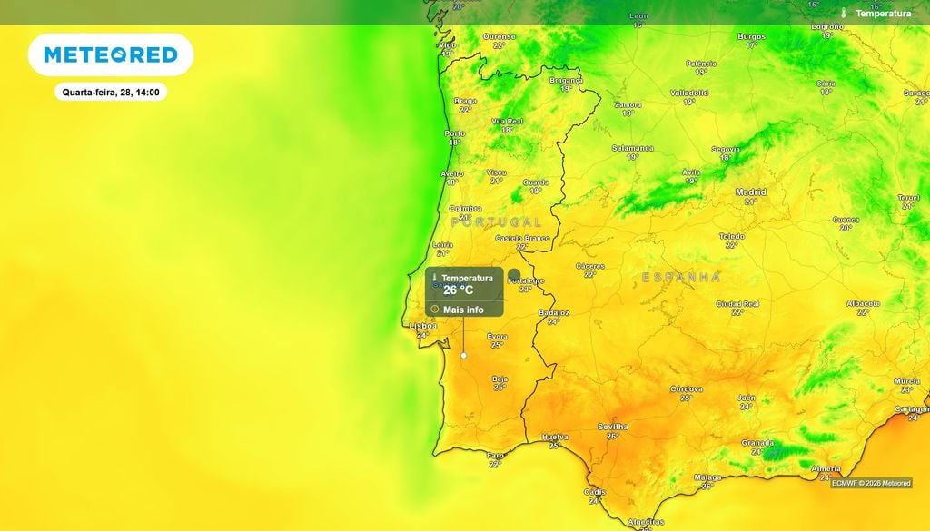 Previsão da temperatura do ar à superfície em Portugal Continental para quarta-feira, 28 de outubro, às 14:00 Previsão da temperatura do ar à superfície em Portugal Continental para quarta-feira, 28 de outubro, às 14:00. Fonte: Modelo ECMWF / Meteored