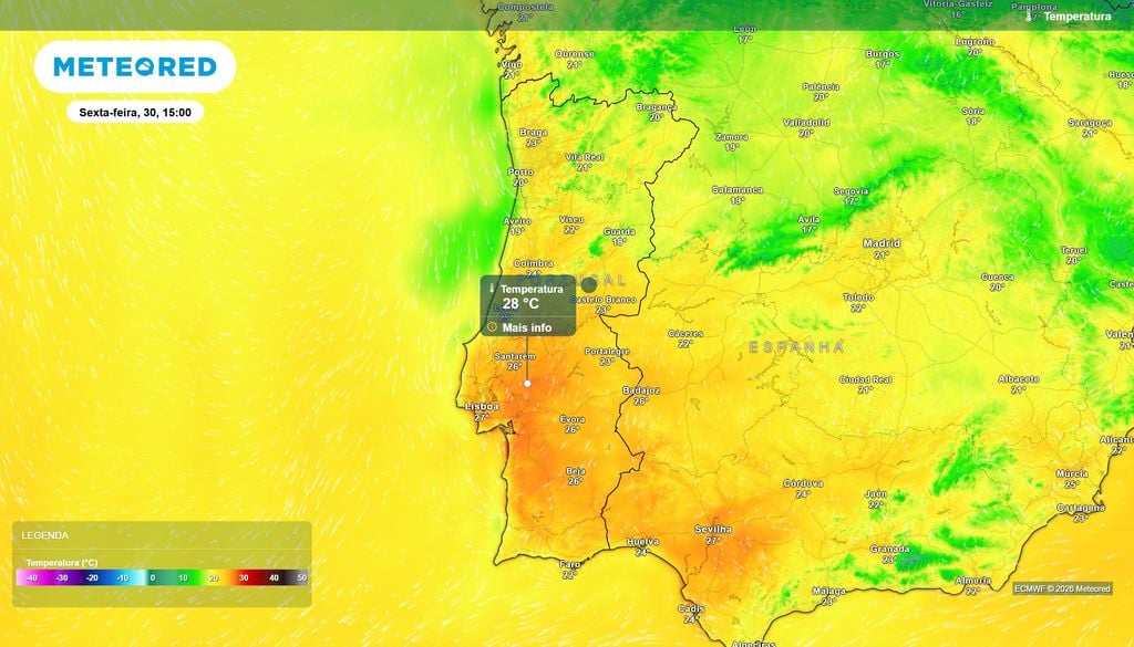 Previsão da temperatura do ar à superfície em Portugal Continental para sexta-feira, 30 de outubro, às 15:00 Previsão da temperatura do ar à superfície em Portugal Continental para sexta-feira, 30 de outubro, às 15:00, pico do calor anómalo com máximas até 28 ºC no Vale do Tejo e Alentejo. Fonte: Modelo ECMWF / Meteored