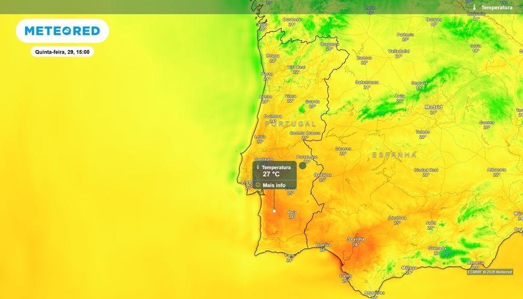 Previsão da temperatura do ar à superfície em Portugal Continental para quinta-feira, 29 de outubro, às 15:00 Previsão da temperatura do ar à superfície em Portugal Continental para quinta-feira, 29 de outubro, às 15:00. Fonte: Modelo ECMWF / Meteored