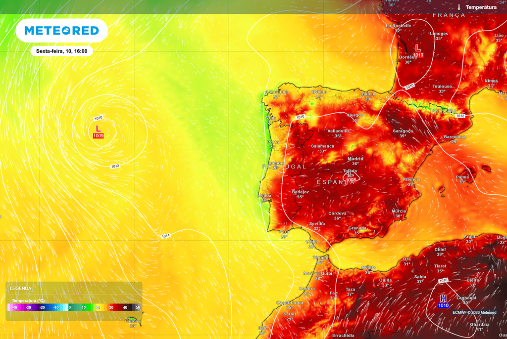 Esta sexta-feira, 10 de julho, estão previstas temperaturas máximas entre 19 e 26 ºC no litoral, enquanto no interior situar-se-ão geralmente entre 30 e 35 ºC, podendo nalguns locais, como nos vales do Douro e Guadiana atingir valores superiores a 35 ºC.