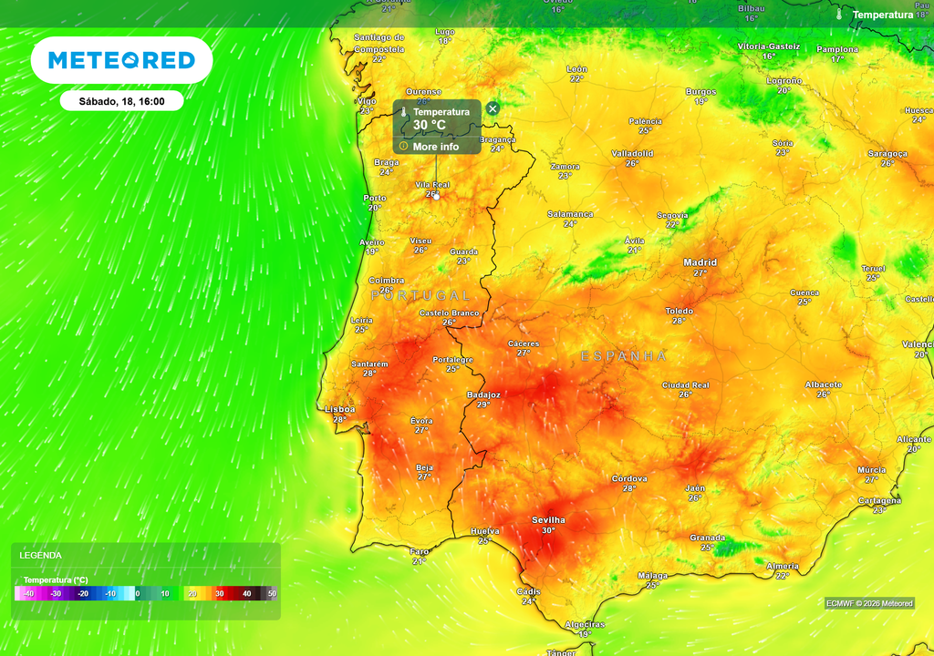 No sábado, dia 18 de abril, esperam-se temperaturas veranis em vários locais do país, com os termómetros a registarem até 30 ºC, especialmente nos vales do Douro e Tejo.