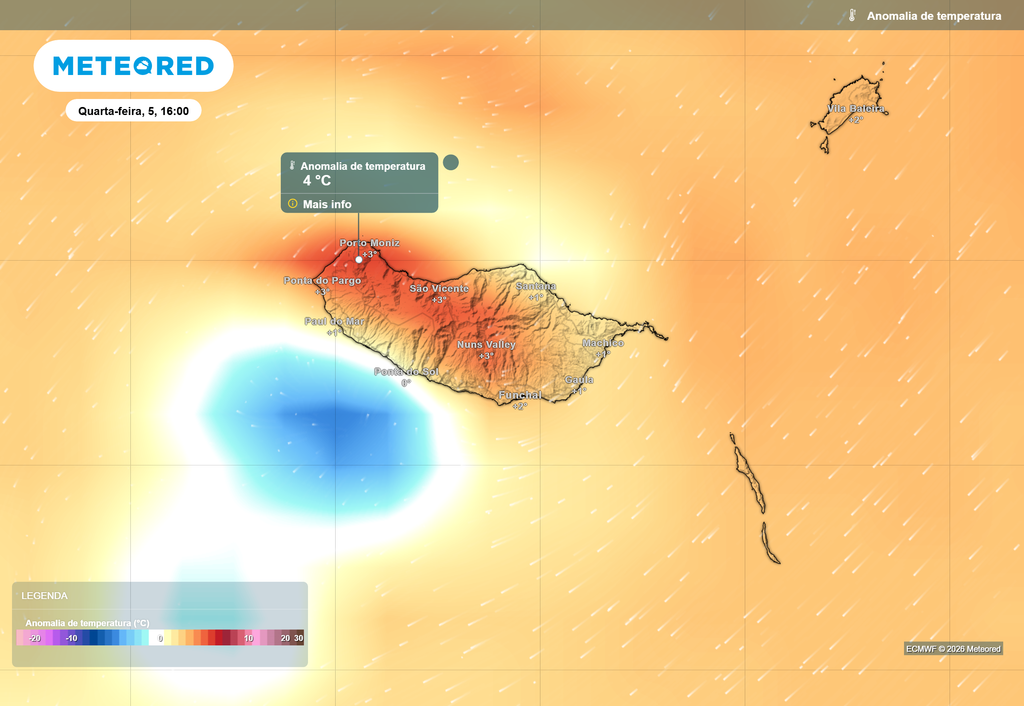No arquipélago da Madeira as anomalias térmicas positivas poderão ser de até +4 ºC.