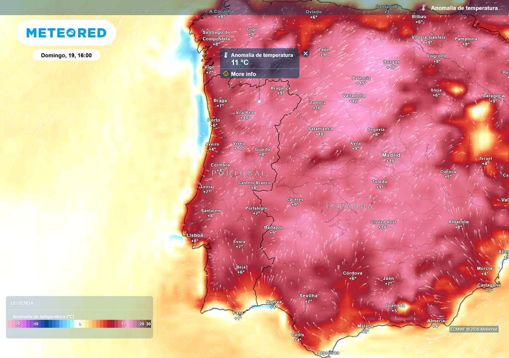 Ainda que no domingo se possa registar um ligeiro alívio térmico, as anomalias térmicas irão continuar positivas e elevadas em todo o país, com exceção do Algarve.
