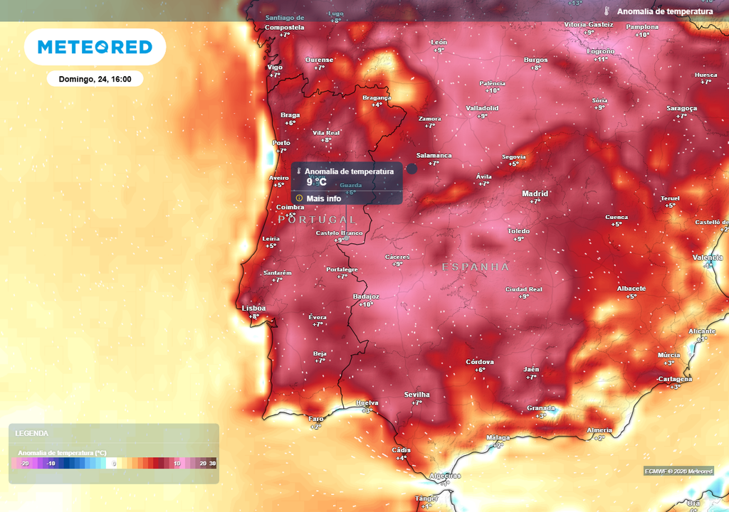 Apesar do ligeiro alívio térmico previsto para algumas regiões amanhã, mesmo assim, no domingo 24 de maio continuam a prever-se anomalias térmicas positivas de norte a sul de Portugal continental, podendo ser registadas temperaturas até 9 ºC acima do normal.