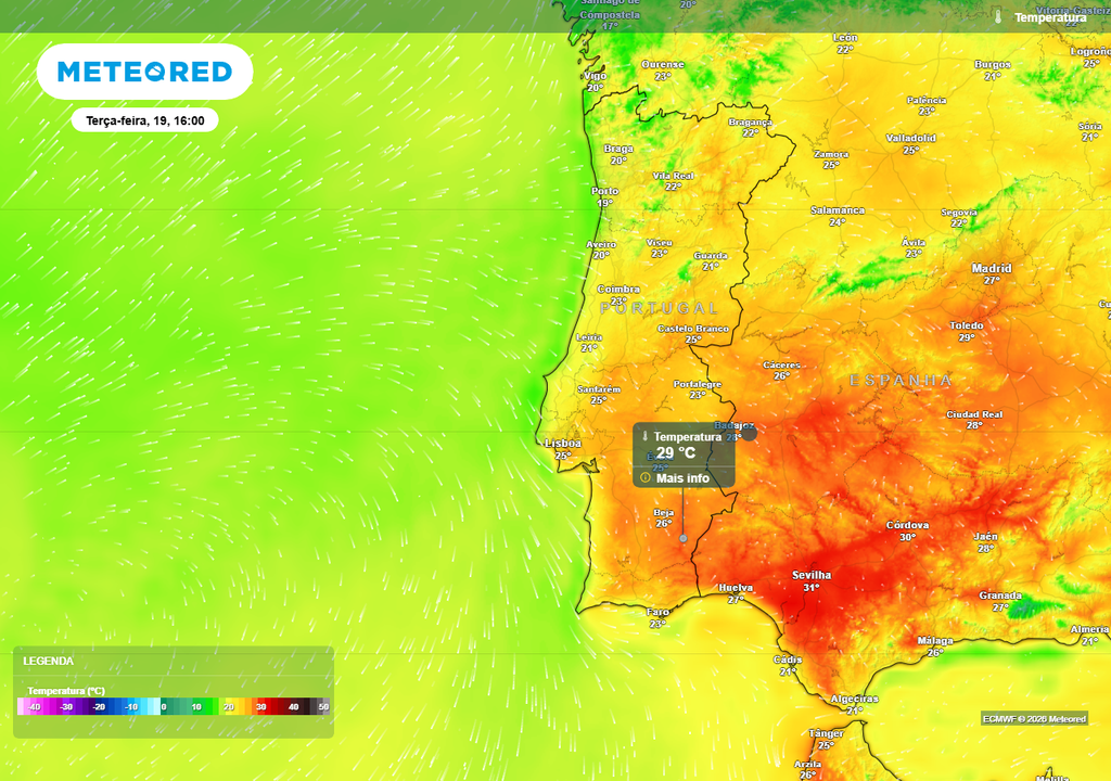 Previsão da temperatura do ar às 16:00 de terça-feira, 19 de maio. Neste dia surgirão os primeiros sinais tímidos da mudança de tempo, com temperaturas já muito próximas aos 30 ºC no Baixo Alentejo.