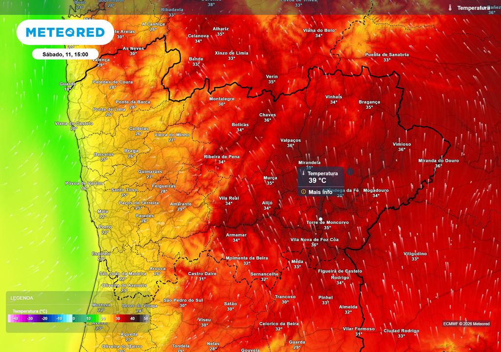 temperatura do ar à superfície O distrito de Bragança deverá registar as temperaturas mais elevadas do país nas próximas horas. O Vale do Douro poderá contar com valores na ordem dos 39 ºC, pelas 15h de amanhã, sábado.