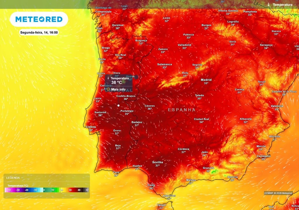 temperatura do ar à superfície Este mapa apresenta a distribuição das temperaturas pelas 16h do dia de hoje, segunda-feira. A partir de amanhã, poderá denotar-se um contraste entre litoral e interior, devido à descida térmica prevista.
