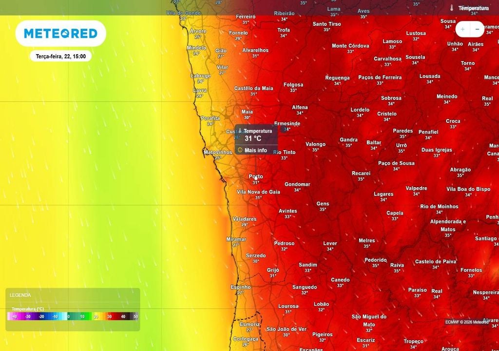 Esta terça-feira, 22 de setembro, a temperatura máxima na cidade do Porto continuará acima do patamar dos 30 ºC, estando previsto um valor de 31 ºC.