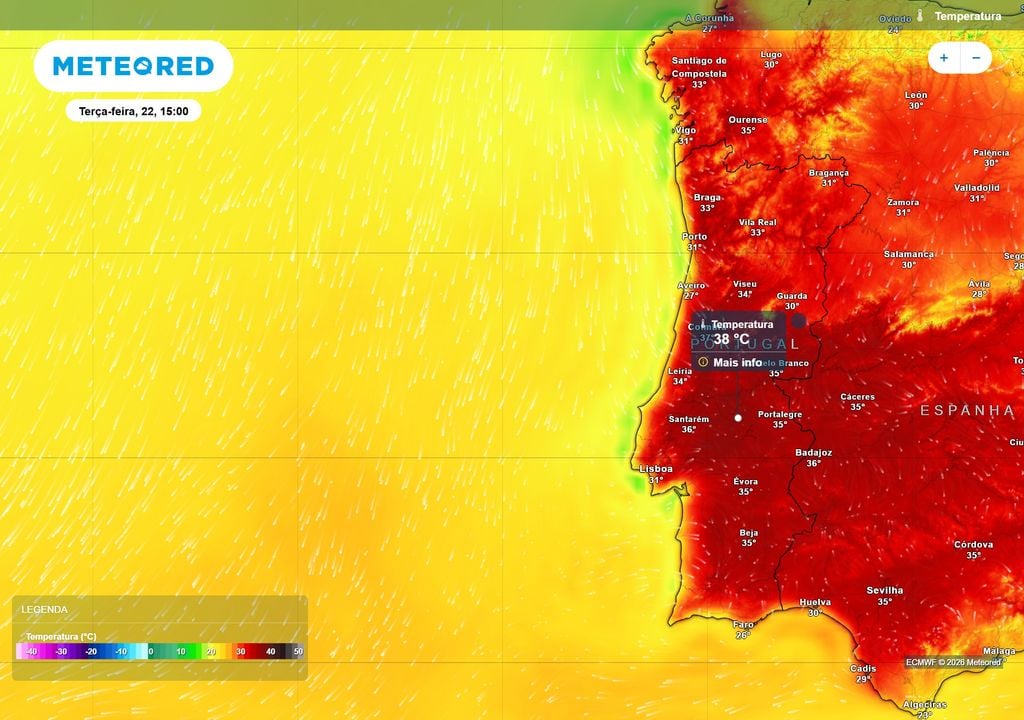 As temperaturas poderão alcançar um valor máximo de 38 ºC nalgumas zonas do Centro-Sul do país durante este episódio de tempo quente.