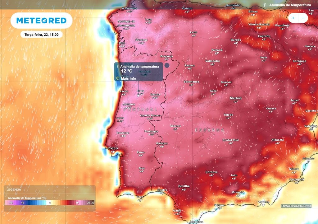 Durante as horas em que fizer mais calor dos próximos 3 dias as temperaturas poderão situar-se entre 10 e 12 ºC acima da média climatológica de referência.