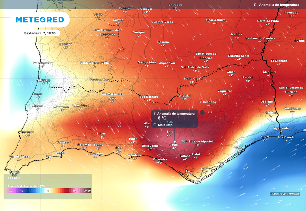 Para amanhã, sexta-feira 7 de agosto, evidenciam-se anomalias térmicas positivas bastante significativas no Sotavento Algarvio, variando entre 4 e 5 ºC na maior parte do território em análise, e podendo ser registadas temperaturas entre 6 e 8 ºC acima da média nalguns locais.